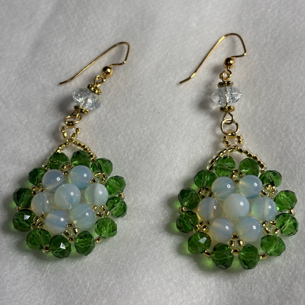 Hand crafted earrings creamy white and green beads 3 inches